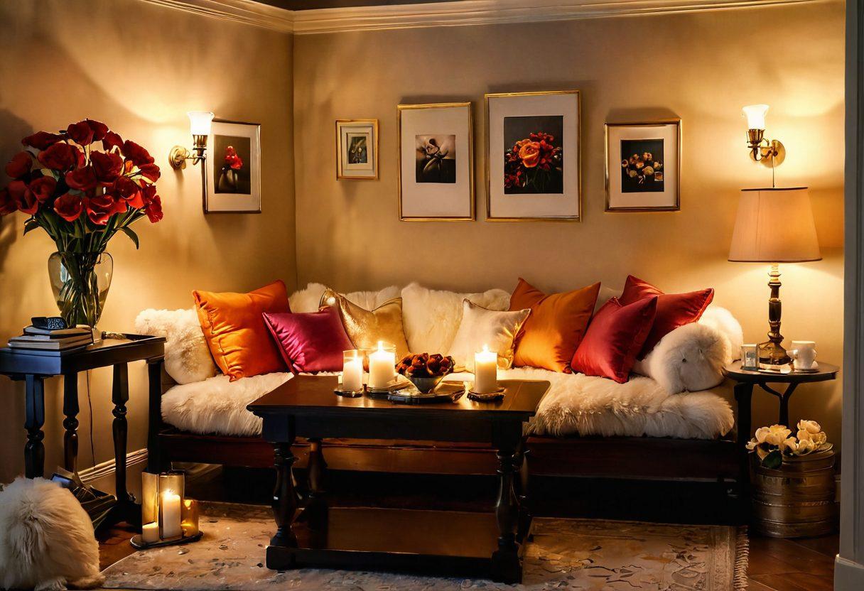 A charming, beautifully decorated cozy nook featuring soft lighting, plush cushions, and delicate decor elements, juxtaposed with a luxurious love pad showcasing elegant furniture, lush fabrics, and romantic ambiance. Include a couple enjoying the space, surrounded by candles and flowers, evoking warmth and intimacy. The colors should be rich and inviting, blending both aesthetics seamlessly. super-realistic. vibrant colors. soft lighting.