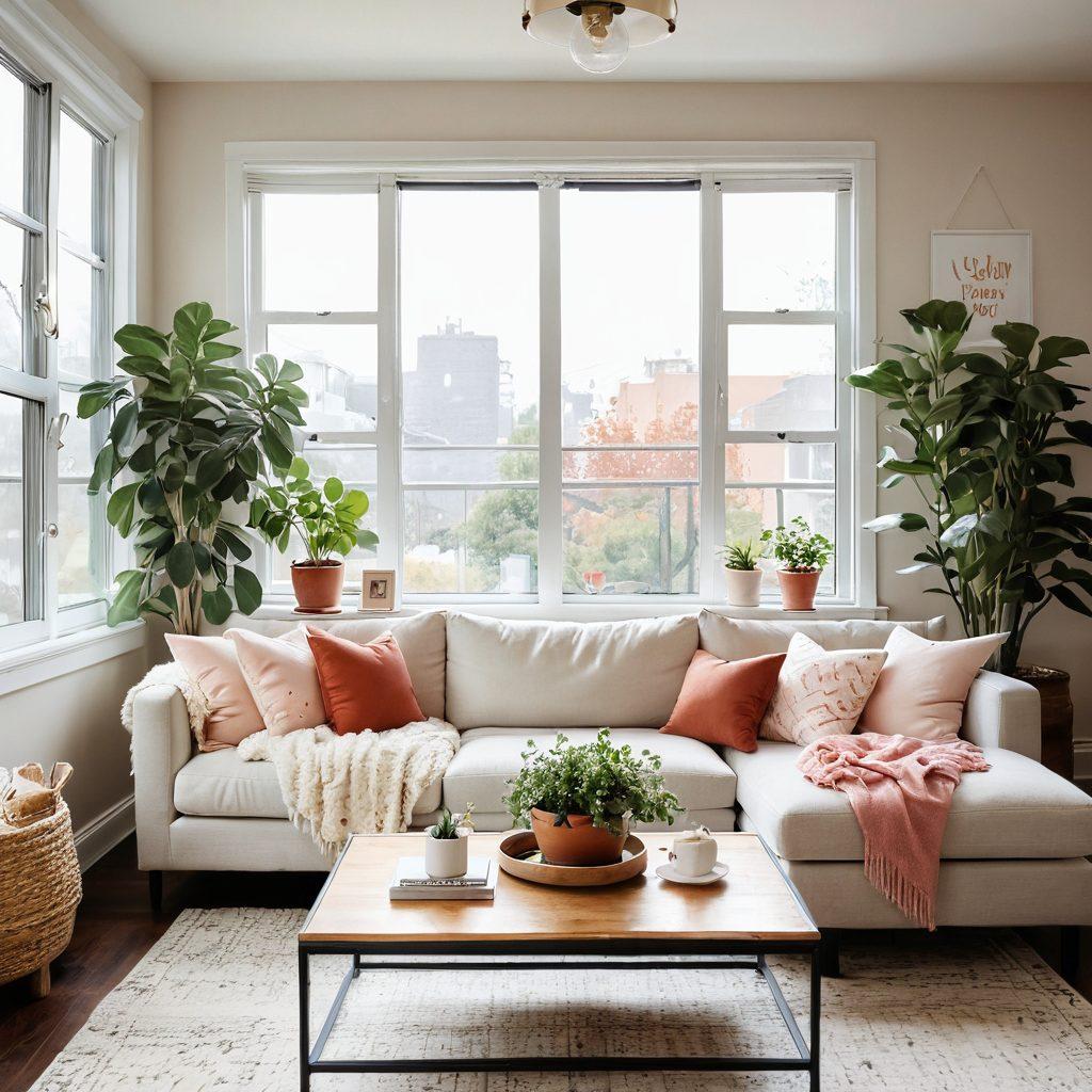 A cozy, modern apartment interior showcasing a warm living space adorned with love-themed decor, such as hearts and family photos. Include a couple happily embracing on a plush sofa, with affordable decor choices like thrifted art and potted plants. Soft, natural light streaming through large windows to emphasize the inviting atmosphere. super-realistic. warm colors. cozy feel.