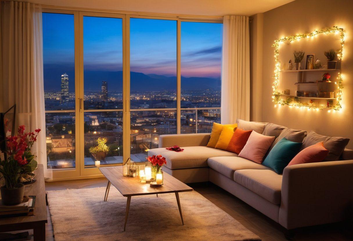 A cozy, beautifully decorated apartment with a warm ambiance, featuring a romantic dining setup with candles and flowers. Include a stylish couch by a window with views of a city sunset, and a small balcony adorned with fairy lights. Showcase diverse budget-friendly style elements, from elegant to simple. The atmosphere should exude love and comfort, inviting viewers to envision their own perfect love nest. super-realistic. soft lighting. vibrant colors.
